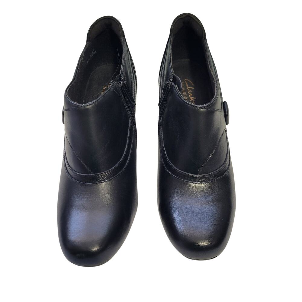 Clarks Bendable Black Leather Ankle Boots With Block Heel Size 8M 91426-2988